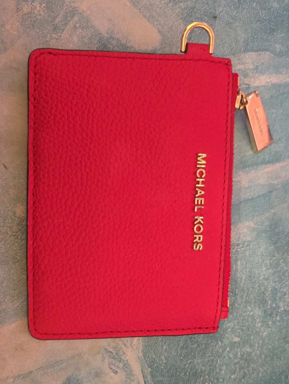 Michael Kors Red Pebbled Leather Zip Card Holder with Gold Hardware